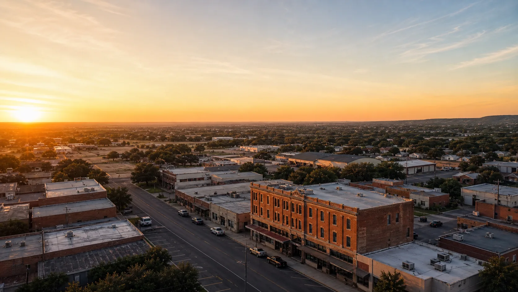 Aerial view of a historic downtown at sunset