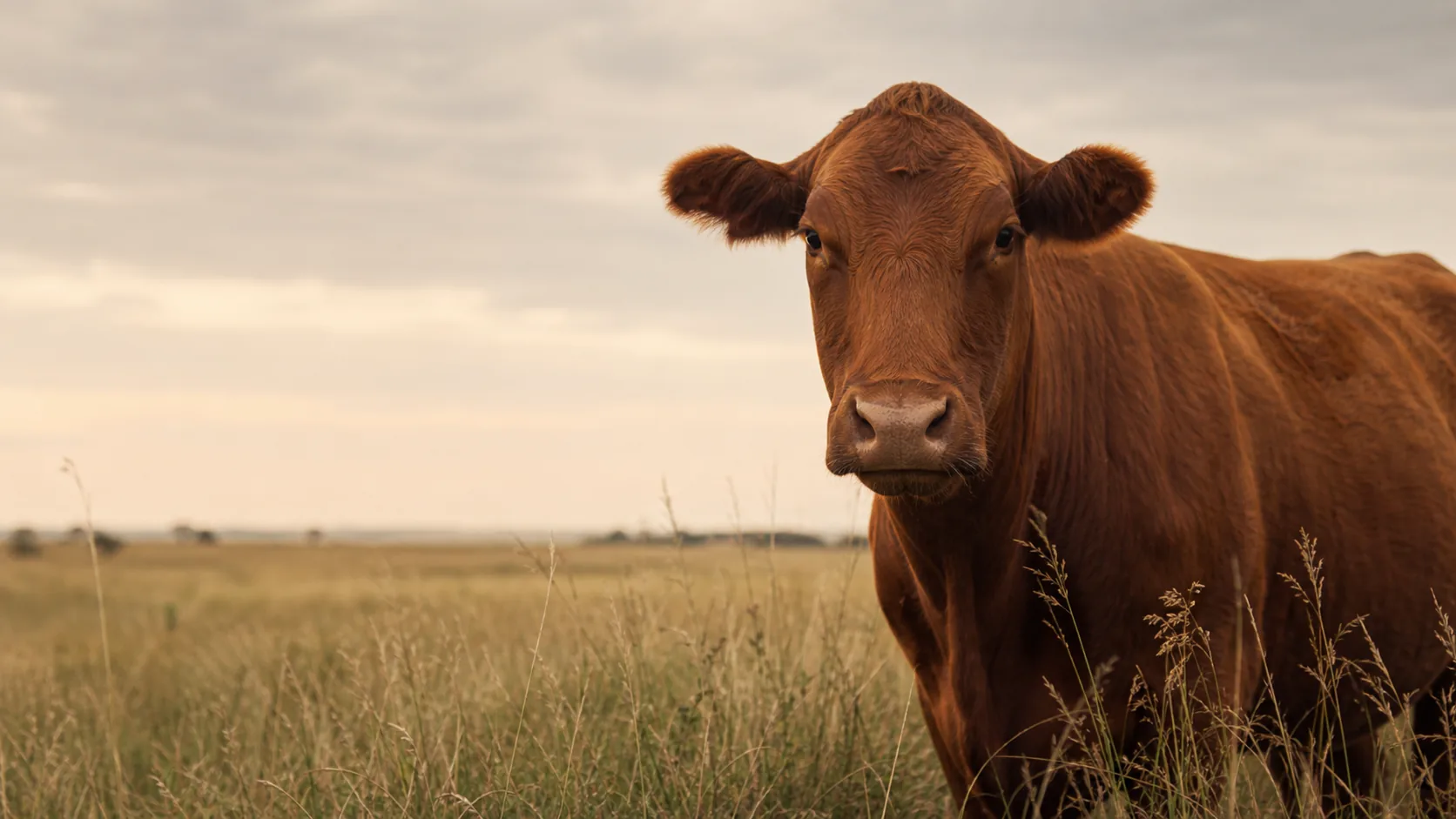 Single red Angus cow portrait in tall native grasses