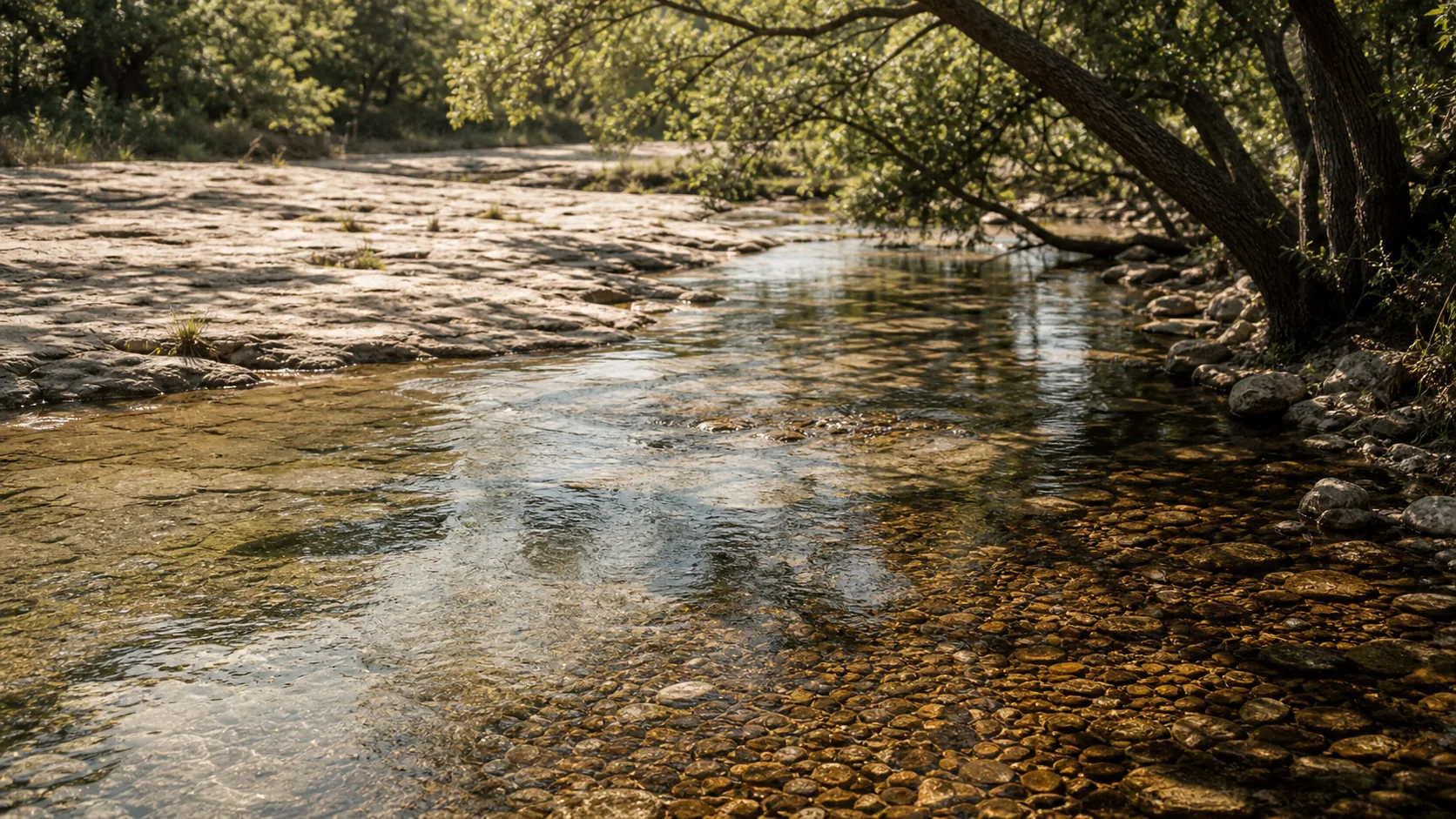 Spring-fed creek over a pale limestone shelf