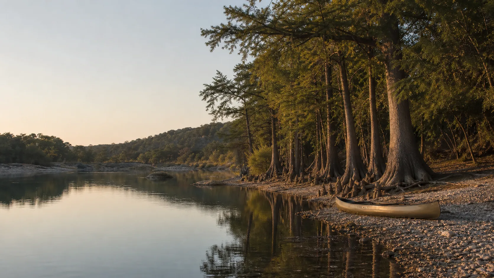 Pedernales River with bald cypress and a single canoe