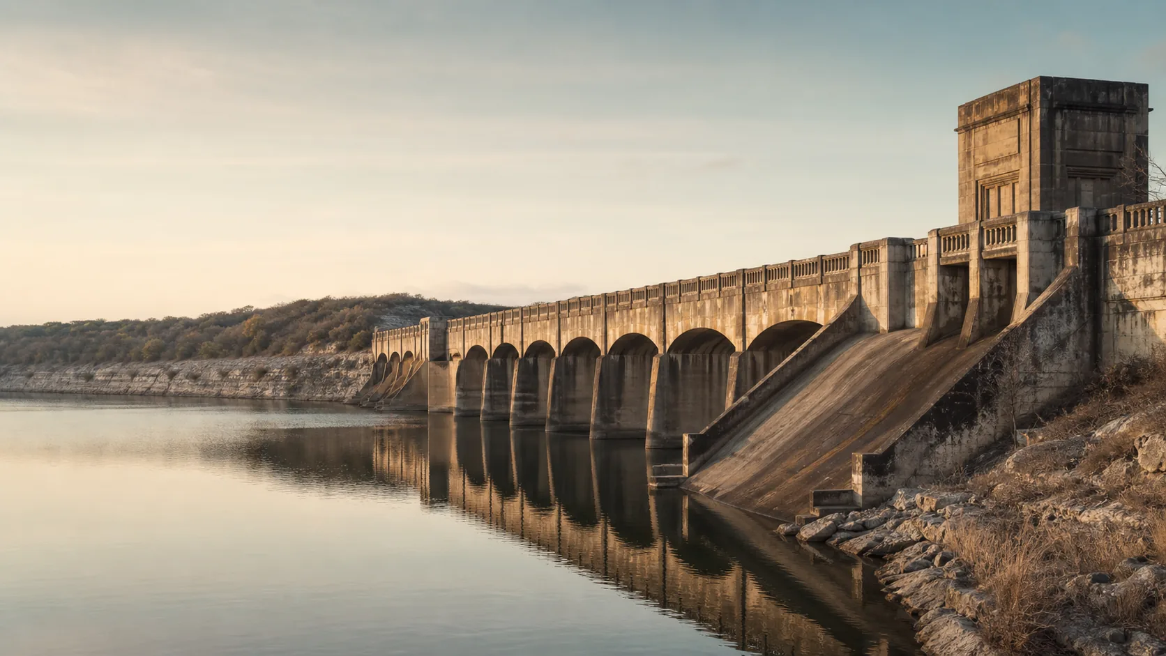 Williamson Dam at Lake Cisco at first light, Eastland County, Texas