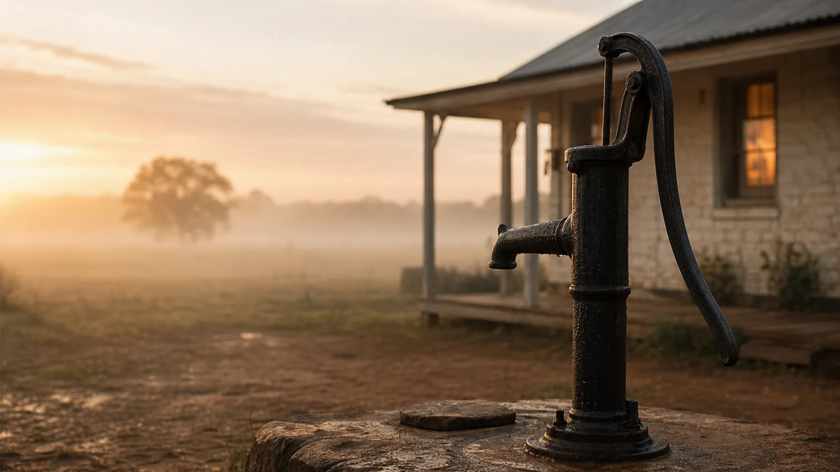 Cast-iron hand-pump well at a Texas farmhouse at dawn