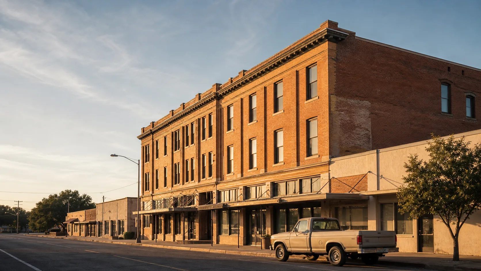 Historic brick building on a Central Texas downtown boulevard