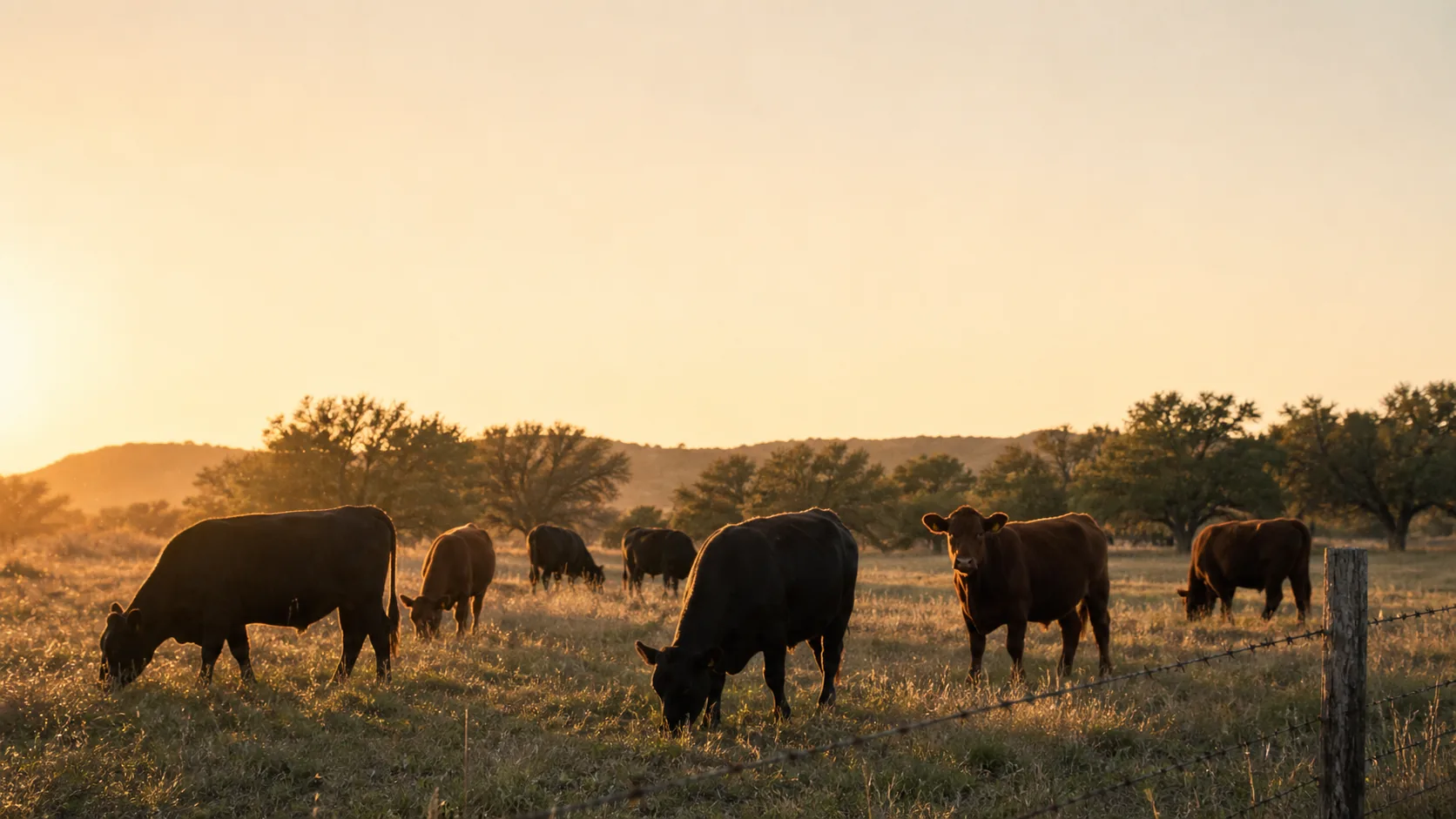 Black and red Angus cattle grazing in a Cisco pasture at dusk