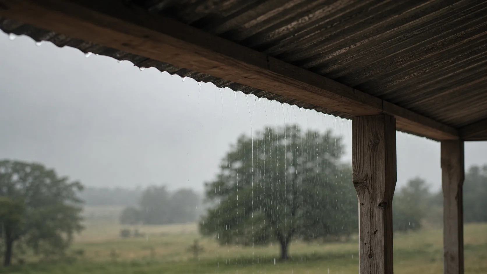 Rain sheeting off a galvanized tin roof on a Texas porch