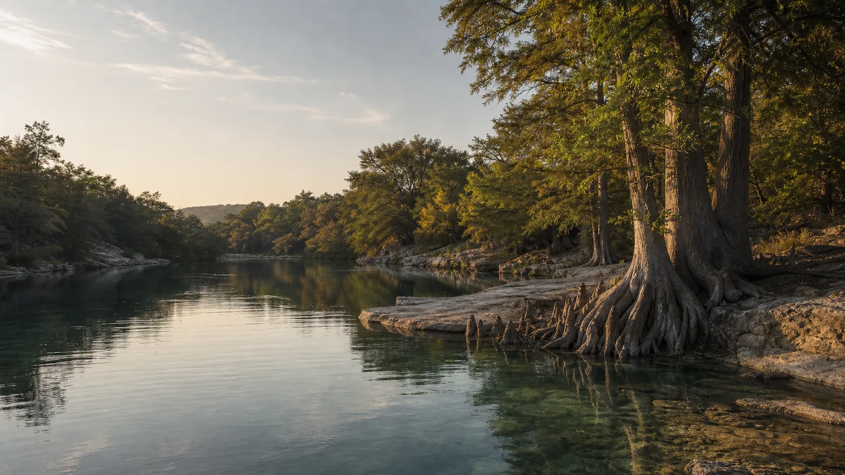 Quiet bend on the Guadalupe River with cypress and limestone
