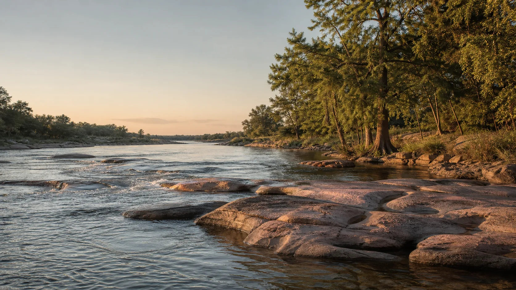 Llano River shoals in Texas Hill Country at golden hour