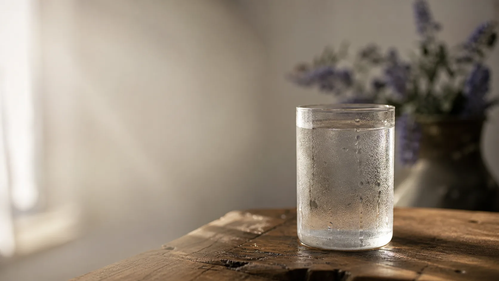 Tall glass of cold spring water on a weathered live-edge oak board