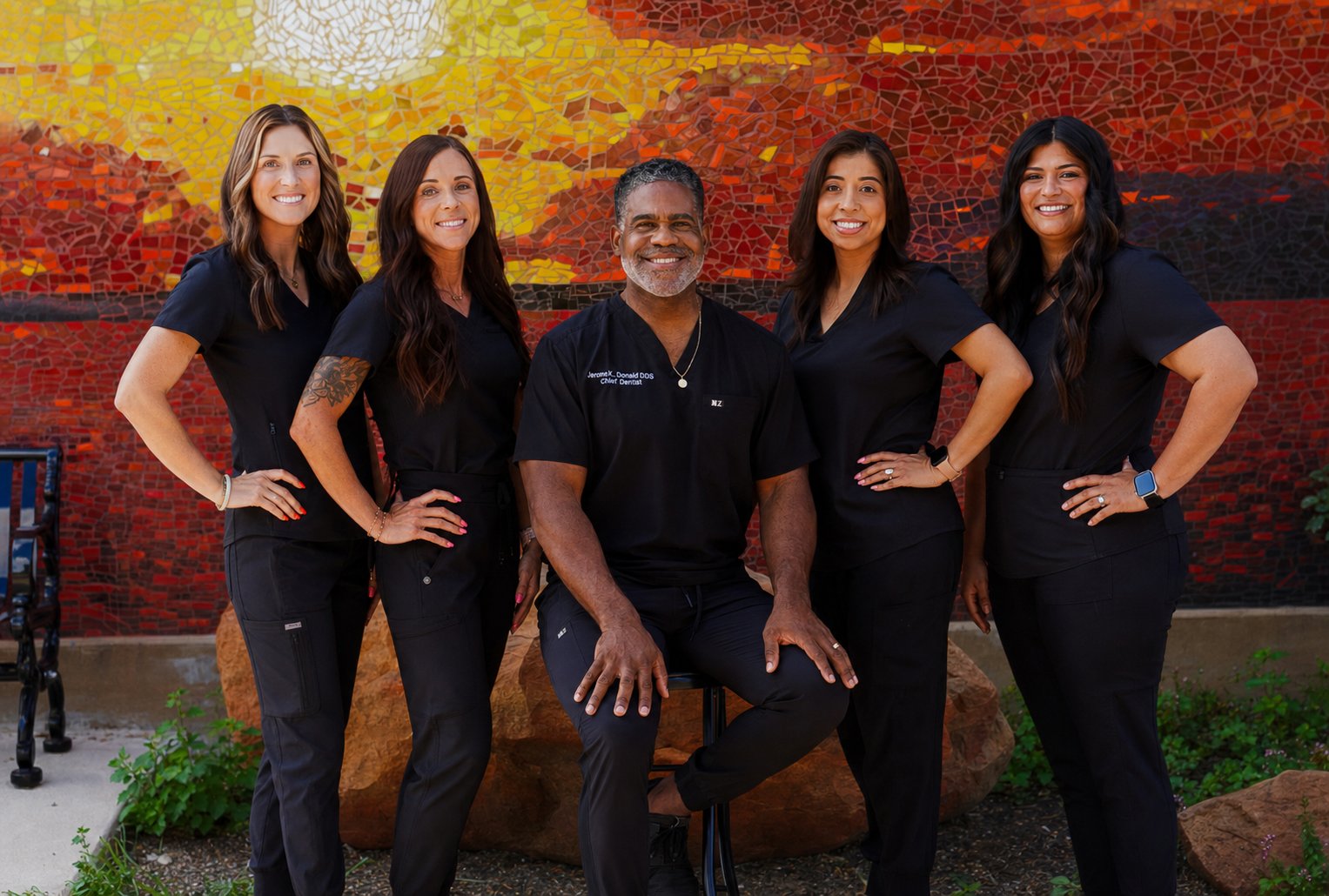 The Cisco Dental team in Cisco, Texas — from left: Chelsea, Kayla, Dr. Jarred K. Donald, Viri, and Nancy
