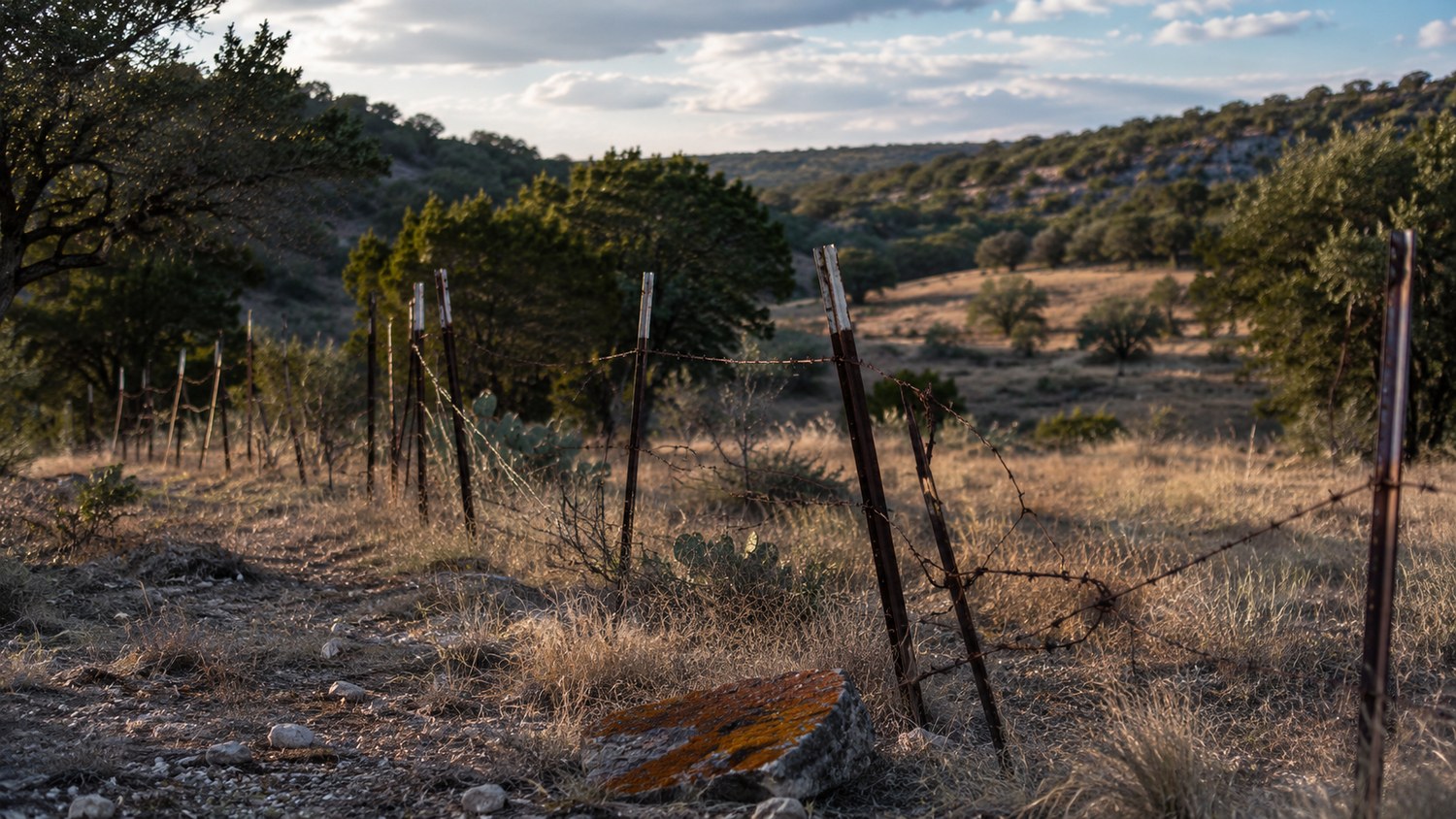 A neglected Texas fence line, posts leaning and pulling loose where the soil has eroded and undermined their base