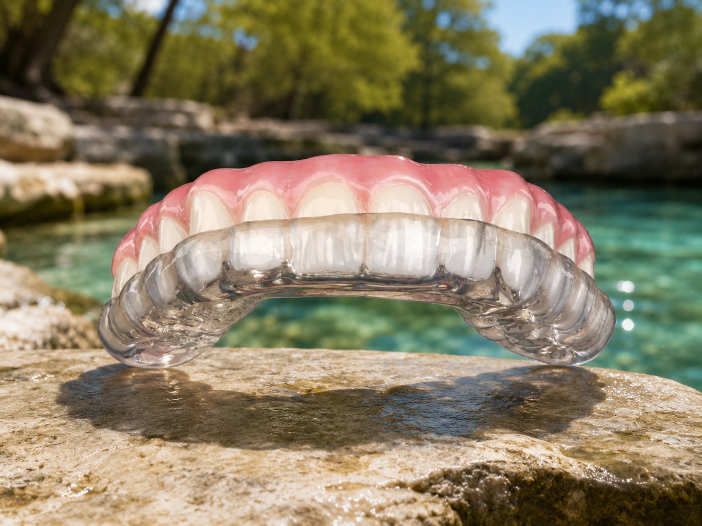 A clear custom occlusal guard fitted over a model of the upper teeth and gums