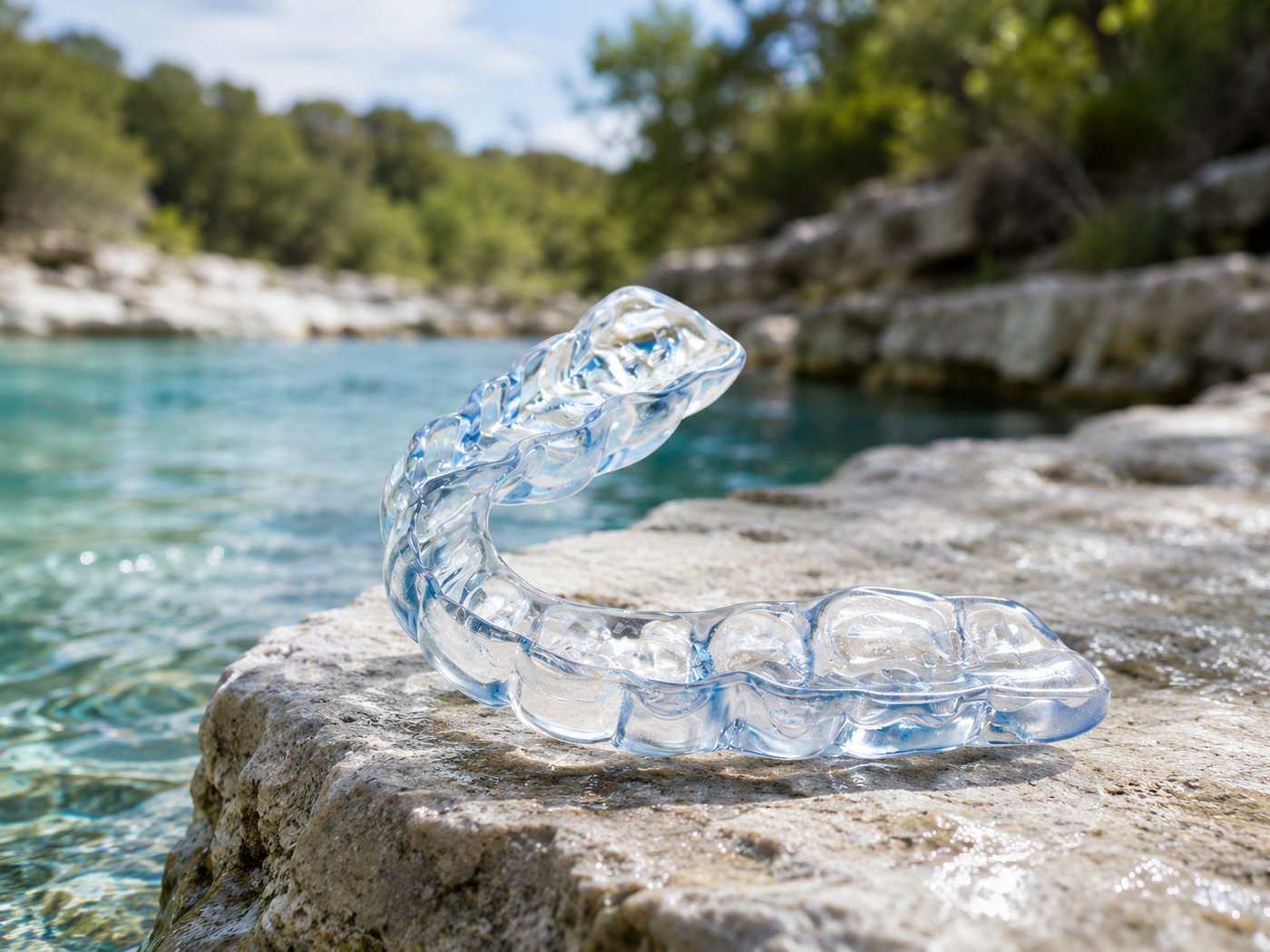 A clear custom occlusal (bite) guard on Texas limestone by spring water