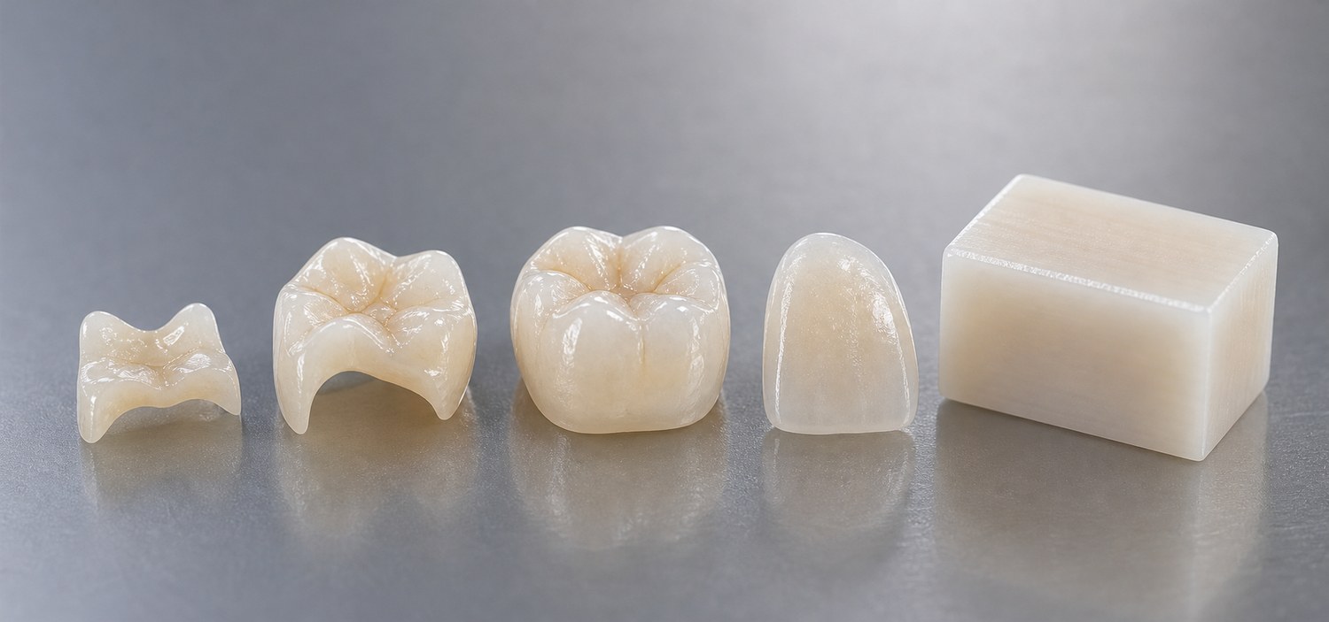 A row of finished ceramic restorations — inlay, onlay, crown, and veneer — beside the solid ceramic block they are milled from