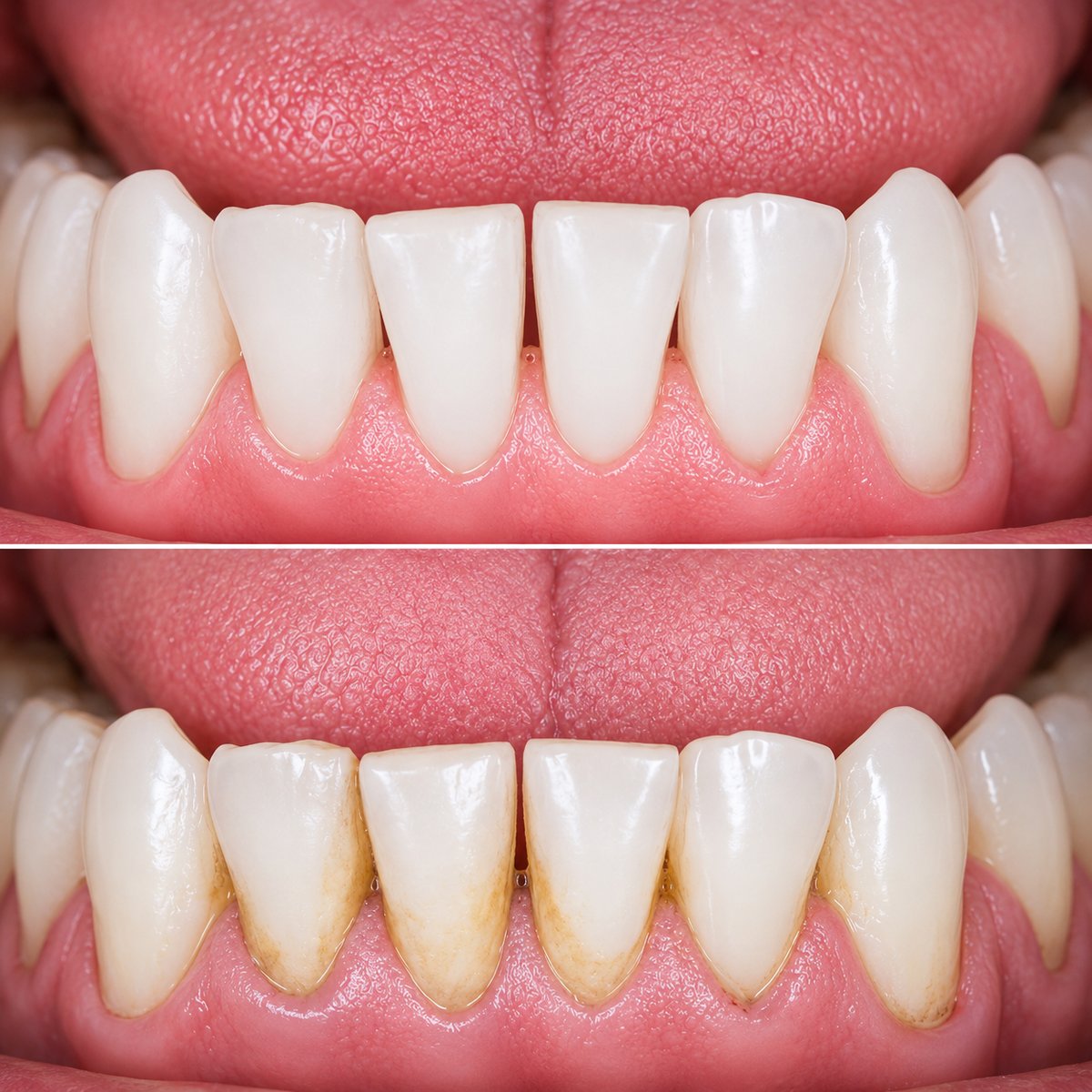 Before and after a professional cleaning — tartar and stain removed from the gumline