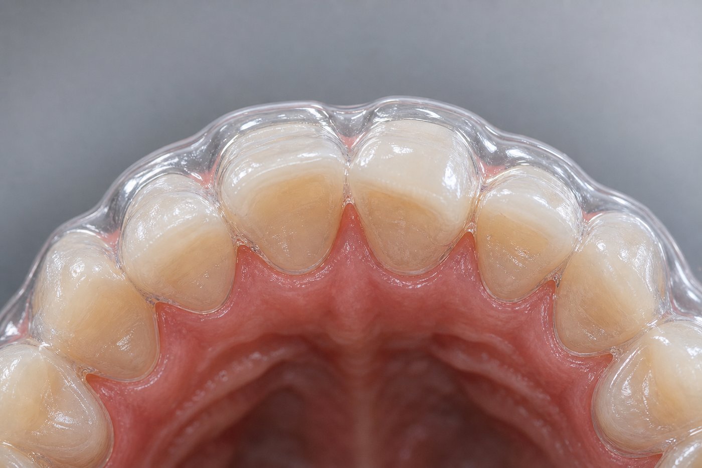 A clear full-coverage aligner seated over the upper teeth
