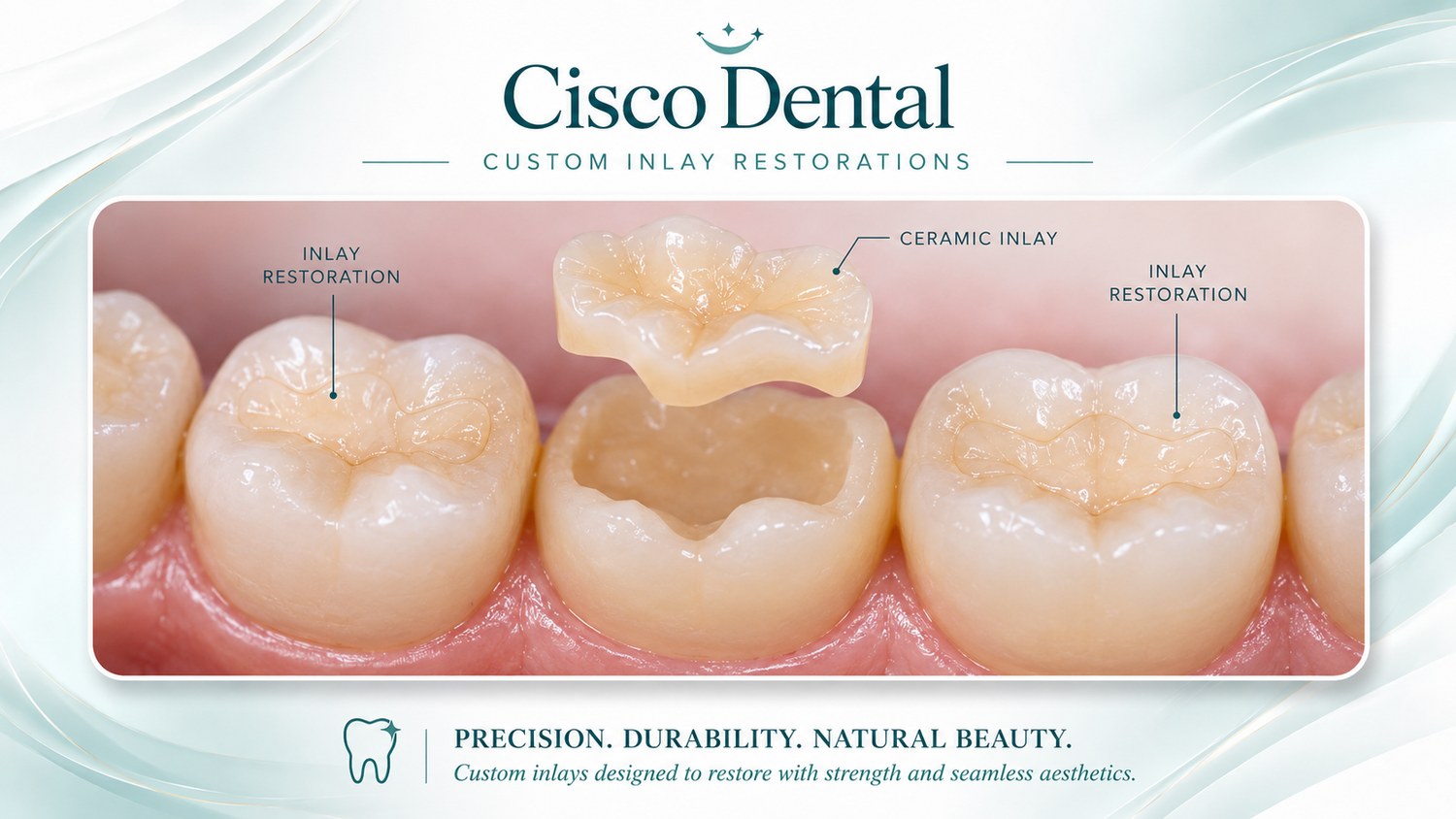 Custom ceramic inlay restorations seated into prepared molars, with one inlay shown lifted above the tooth