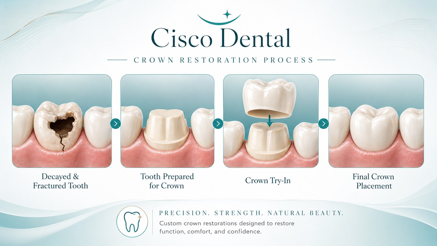 Four-step illustration of the dental crown process: decayed tooth, prepared tooth, crown try-in, and final crown placement