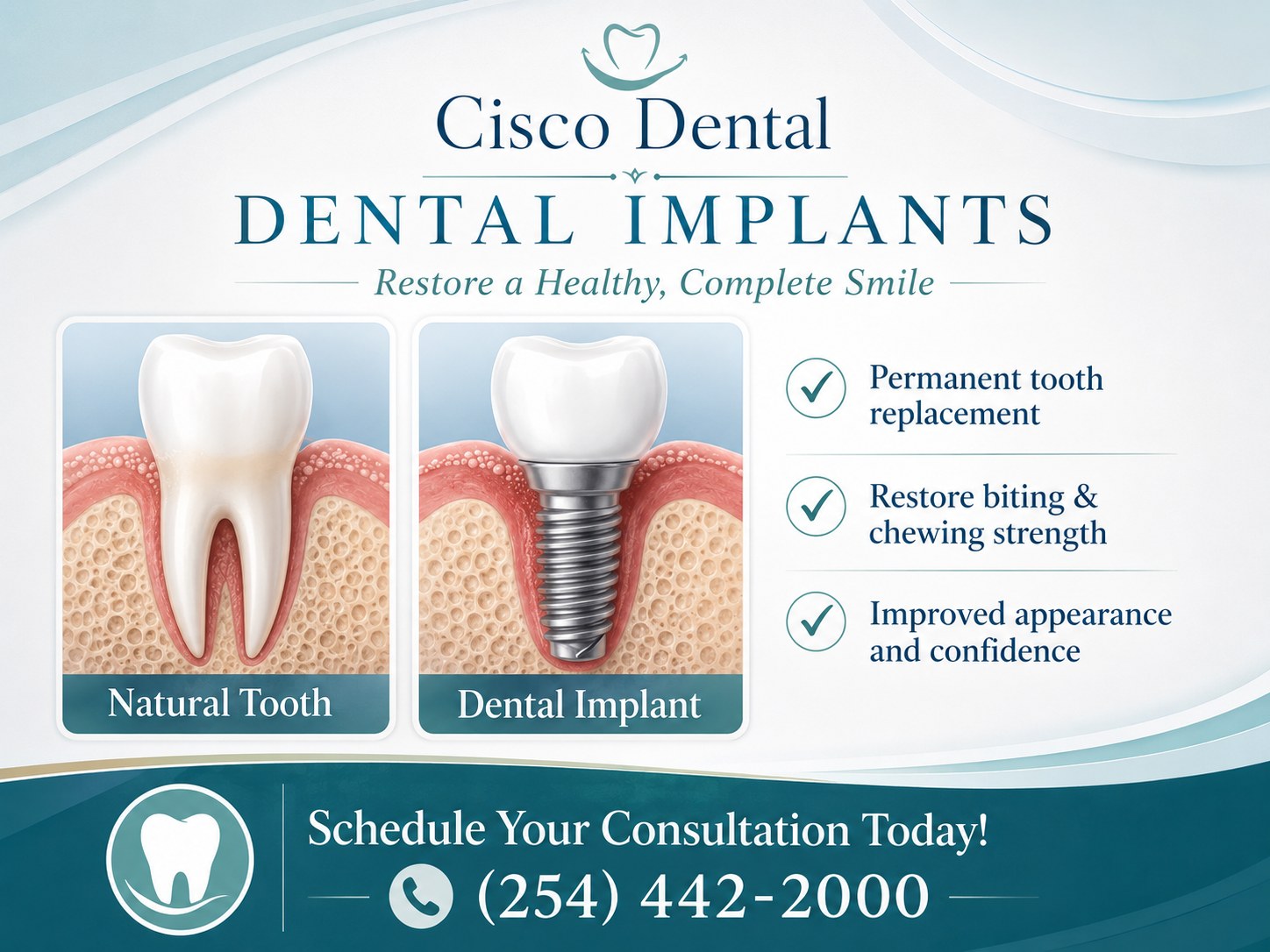 Side-by-side comparison of a natural tooth and a dental implant, showing the implant post anchored in the jawbone