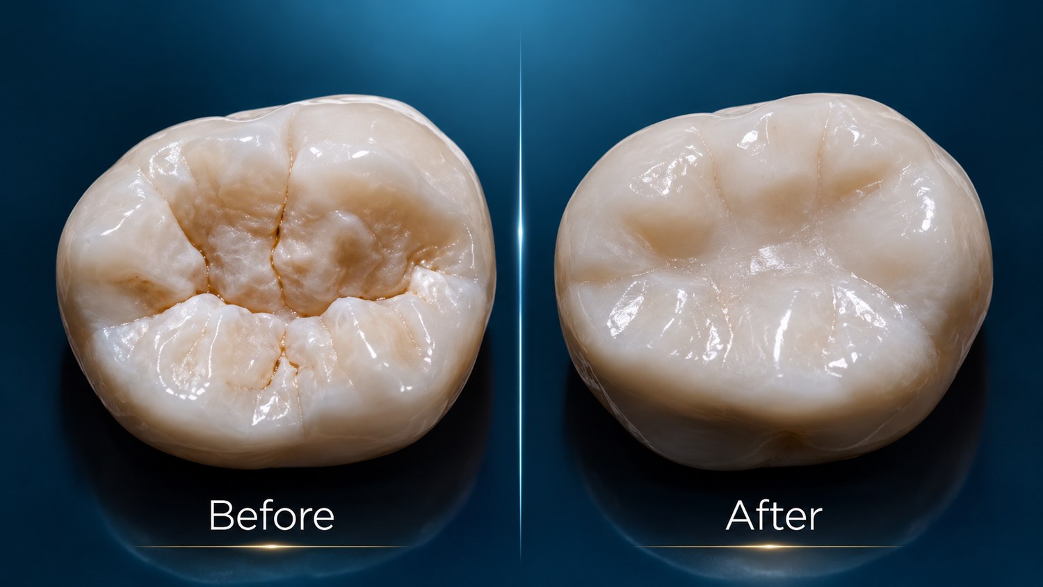 A molar before and after a dental sealant: deep, stained grooves on the left, sealed and smooth on the right