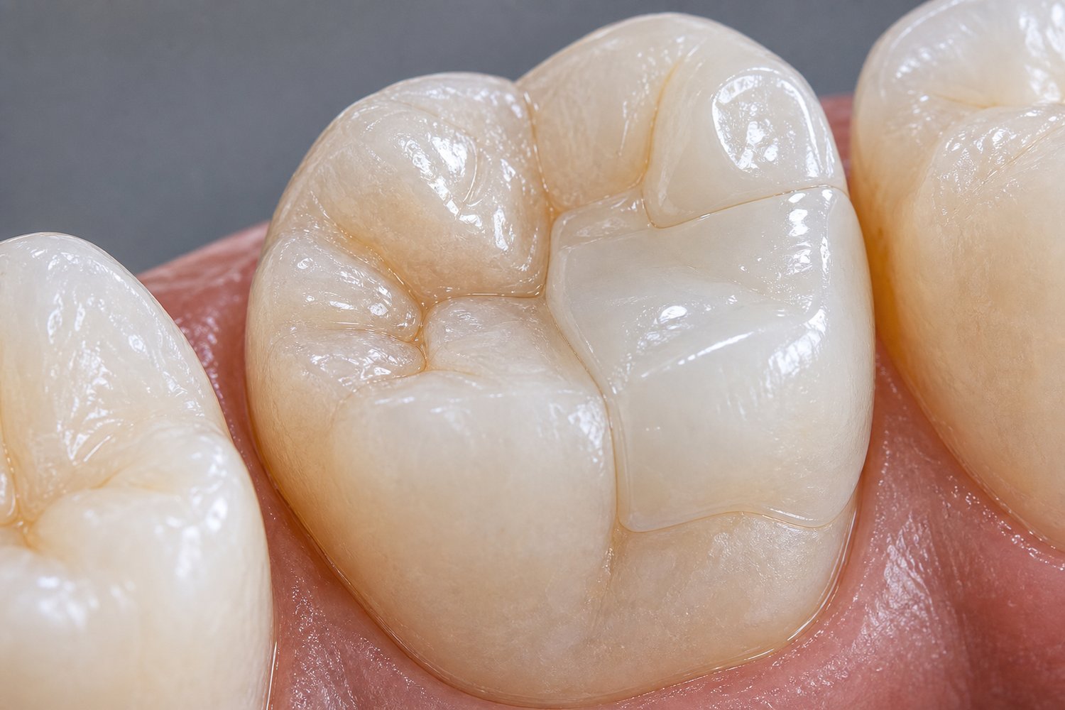 A ceramic onlay restoring a molar