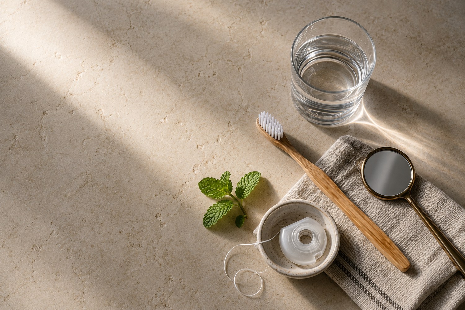 A simple oral-hygiene flat lay: a toothbrush, floss, a glass of water, fresh mint, and a mouth mirror