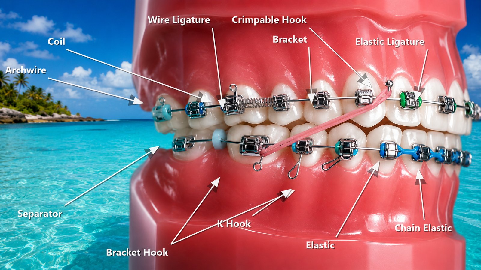 Labeled illustration of the parts of fixed braces — bracket, archwire, ligature