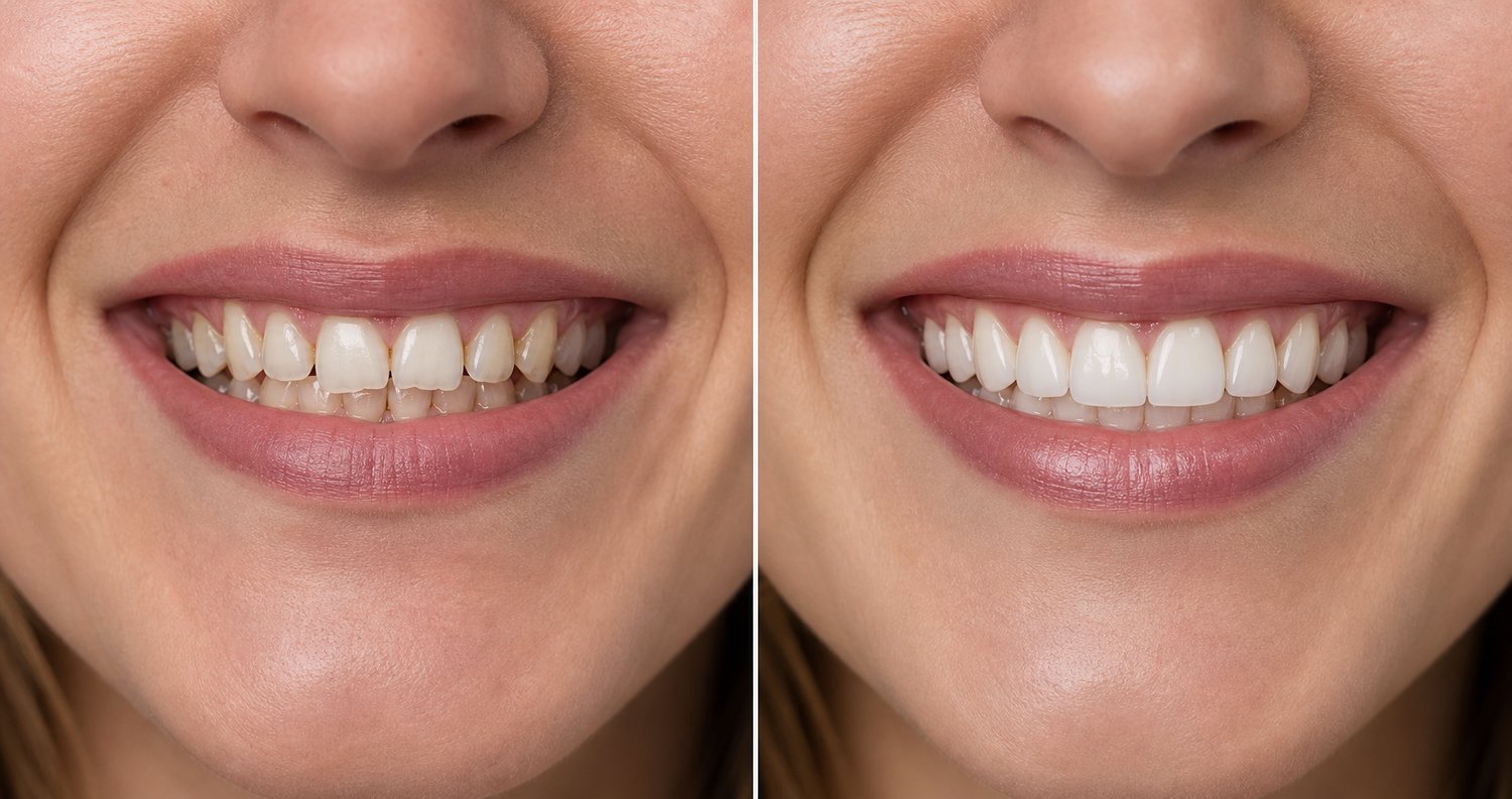 Before and after porcelain veneers — a brighter, more even smile